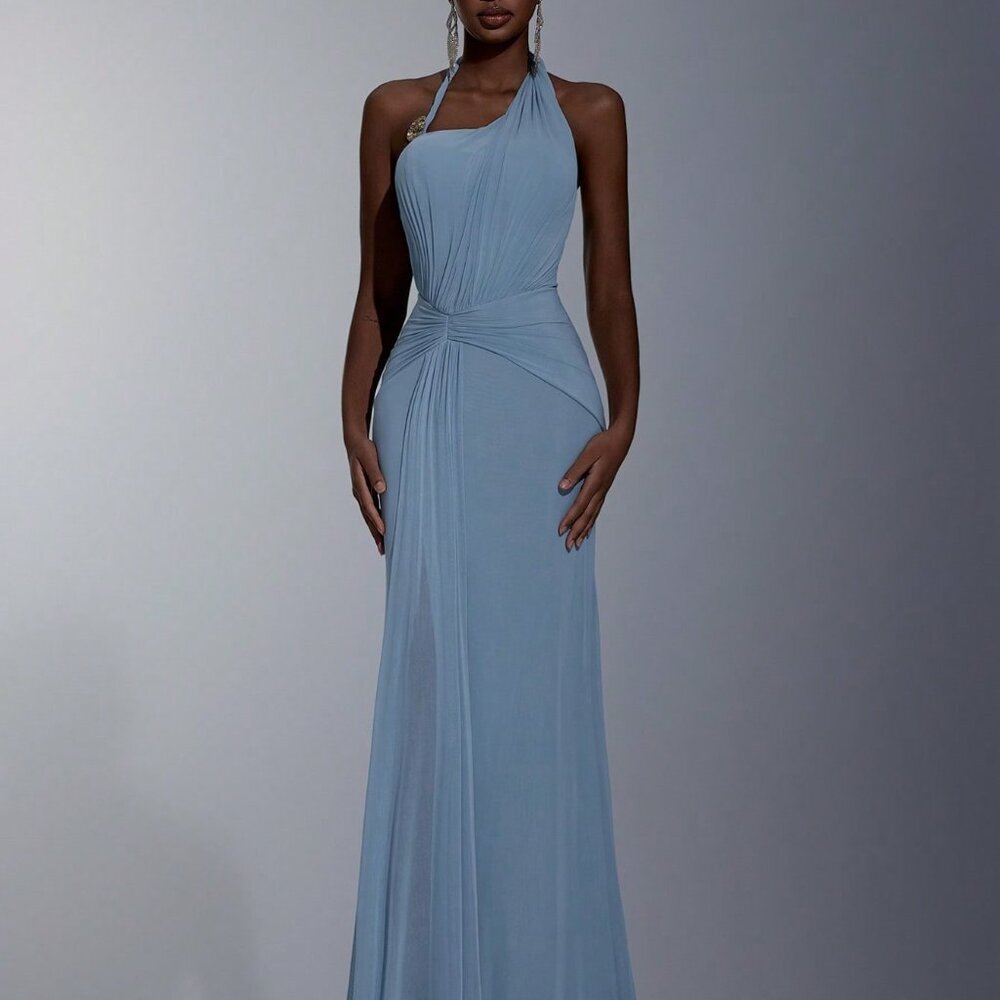 Dusty Blue Elegant Women's Elastic Knitted Mesh Halter Dress with Metal Decor